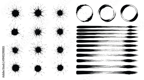 Black ink splatters and lines on white background for creative design elements