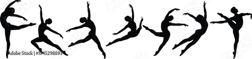 Black silhouette vector illustration of seven dancers in dynamic ballet and contemporary poses, symbolizing grace, movement, flexibility, strength, artistic expression, and performing arts