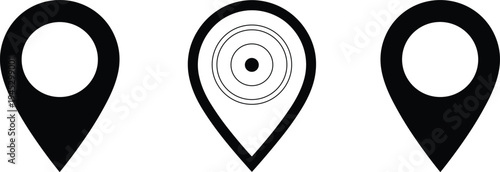 Black vector illustration of three map location pin icons with concentric circle detail, symbolizing navigation, GPS, geolocation, travel, destination markers, and digital mapping