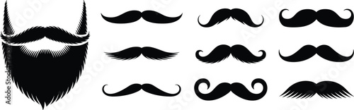 Collection of black silhouette facial hair styles including full beard and diverse mustache designs, isolated vector illustration set for grooming, fashion, design, and barbershop references