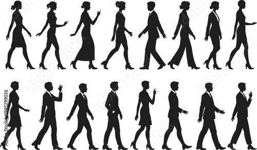 Collection of black silhouette people walking in diverse poses and outfits, vector illustration set for fashion design, animation, ergonomic studies, and human motion references