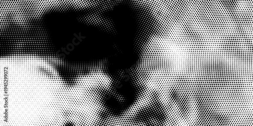 Black halftone concentric circle texture. Rippled repeating sound wave ring wallpaper. Dotted radial gradient background. Vector rasterized backdrop for vibration  epicenter  target  radar signal