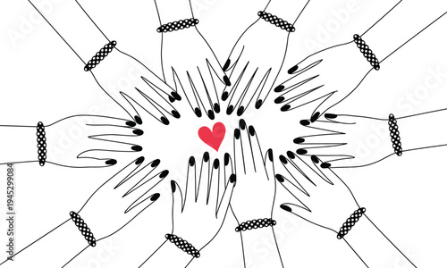 Minimalist black‑and‑white vector illustration of twelve stylized hands forming circular pattern around red heart, symbolizing unity, love, connection, empathy, and human relationships
