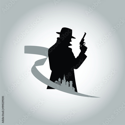 Stylized noir silhouette of detective in fedora and trench coat holding revolver with city skyline background, symbolizing mystery, espionage, crime investigation, and thriller fiction