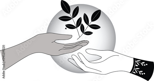 Stylized vector illustration of two hands reaching toward each other with decorative leaf branch and circular gradient background, symbolizing unity, growth, support, and collaboration