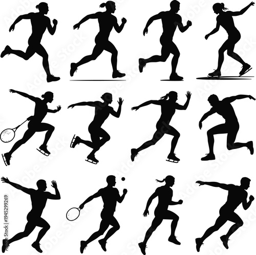 Athlete running and badminton player silhouettes collection, male sports action poses set, dynamic movement training, fitness activity vector illustration pack