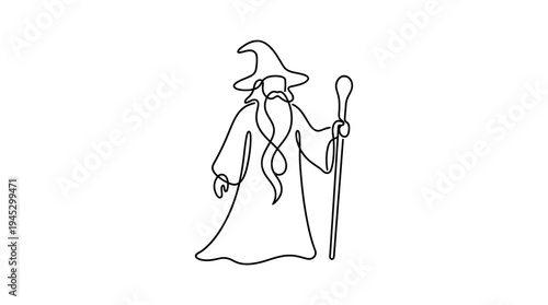 Wizard with Long Beard and Staff Continuous Single Line Minimalist Fantasy Line Art Illustration