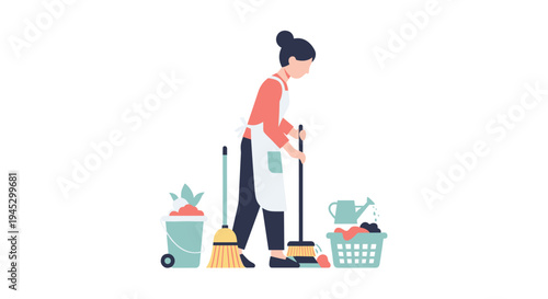 A woman sweeps the floor with a broom and dustpan on white.