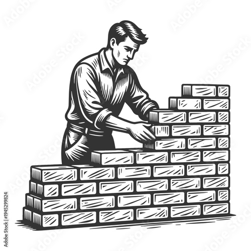 man carefully stacking bricks to build a wall, construction, progress, and hard work sketch engraving generative ai fictional character vector illustration. Scratch board imitation. Black and white.