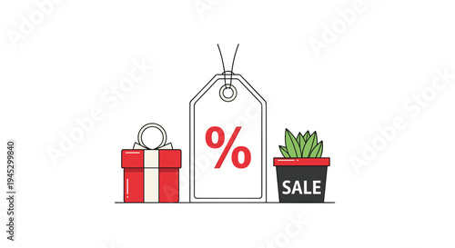 A red gift box, a white price tag with a red percentage symbol, and a black potted plant with SALE are arranged on a clean white background.