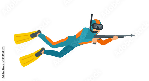 Spearfishing diver in a wetsuit with fins and a spear gun