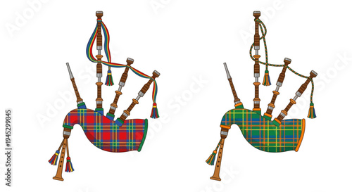 Two colorful illustrations of traditional scottish highland bagpipes displayed side by side