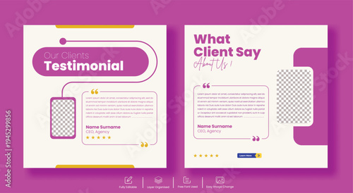 Customer feedback testimonial banner template for social media marketing campaign, featuring client satisfaction promotion, five star review highlight, business rating design, brand trust layout
