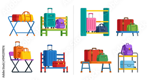 Colorful luggage and bags arranged on various furniture pieces