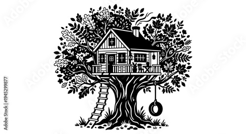 A charming black and white illustration of a house built within a tree