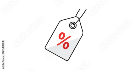 A single white price tag with a red percentage symbol and a black string is tilted slightly on a plain white background.