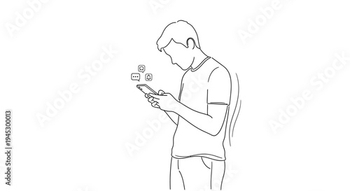 Vector illustration of a man using a smartphone with icons isolated on White Background