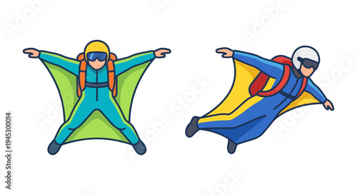 Two cartoon skydivers in wingsuits are depicted mid flight