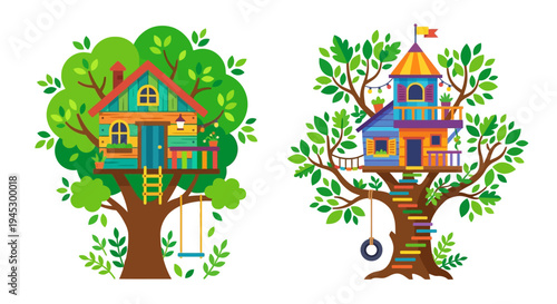 Colorful treehouses nestled amongst lush green foliage and vibrant trees