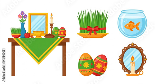 Vibrant Set of Spring Celebration Symbols Traditional Elements for Renewal and Prosperity, Featuring Festive Table Setting, Decorated Eggs, and Cultural Decor