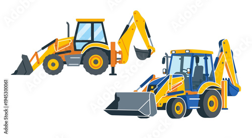 Colorful illustration depicts two backhoe loaders in different perspectives