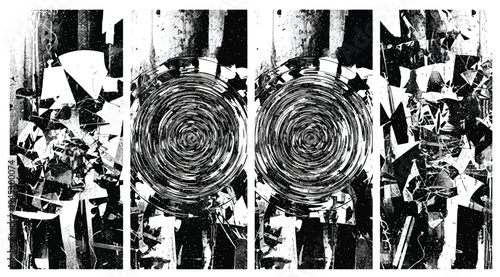 Black and white collage artwork featuring abstract spiral patterns in a chaotic cityscape with multiple panels and textured effects