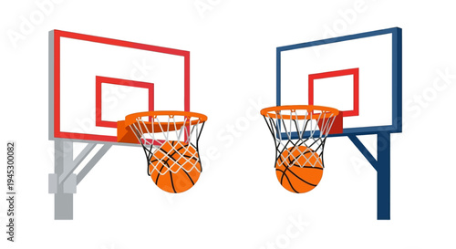 Two basketball hoops with nets and a basketball each illustrated style