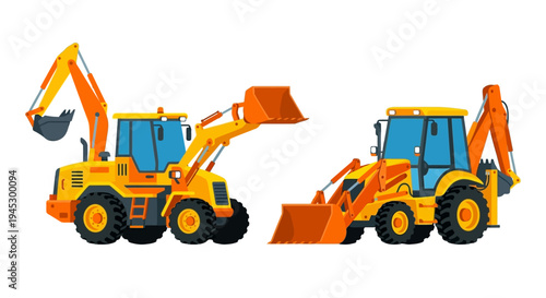 Cartoon illustration of two orange and yellow backhoe loaders