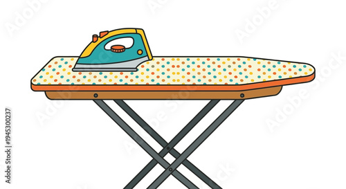 Colorful illustration of an iron resting on a polka dot ironing board