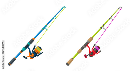 Two colorful fishing rods with reels isolated on a white background