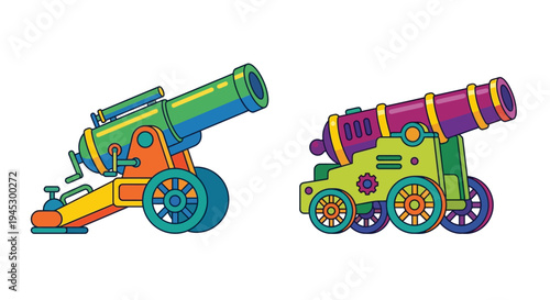 Colorful illustration of two vintage cannons side by side on white background