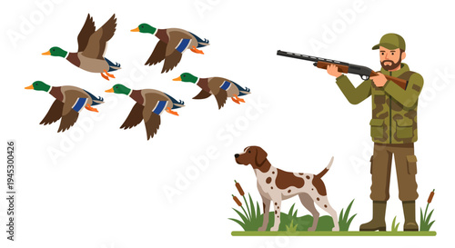 Hunter aiming a rifle at flying ducks with a dog assisting