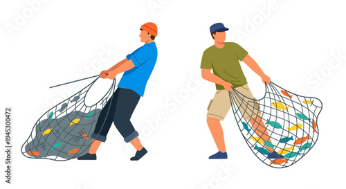Two fishermen carry large nets filled with colorful fish