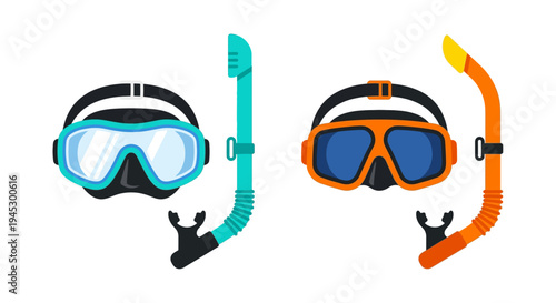 Two colorful snorkeling masks and snorkels displayed against a white background