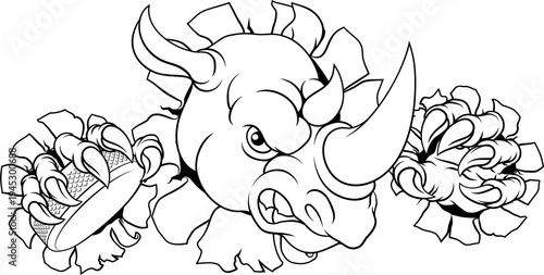 A rhino or rhinoceros ice hockey tough cartoon sports mascot