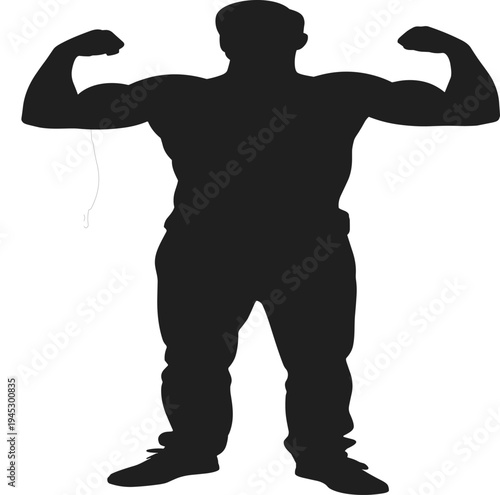 Strong bodybuilder silhouette flexing biceps, male athlete posing for gym fitness, muscle workout and bodybuilding icon