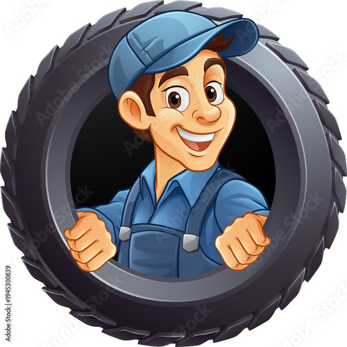 A tyre or tire cartoon car maintenance service mechanic mascot cartoon character man