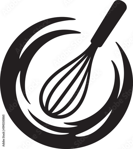 Whisk mixing tool with circular motion lines representing food preparation process graphic vector symbol isolated icon