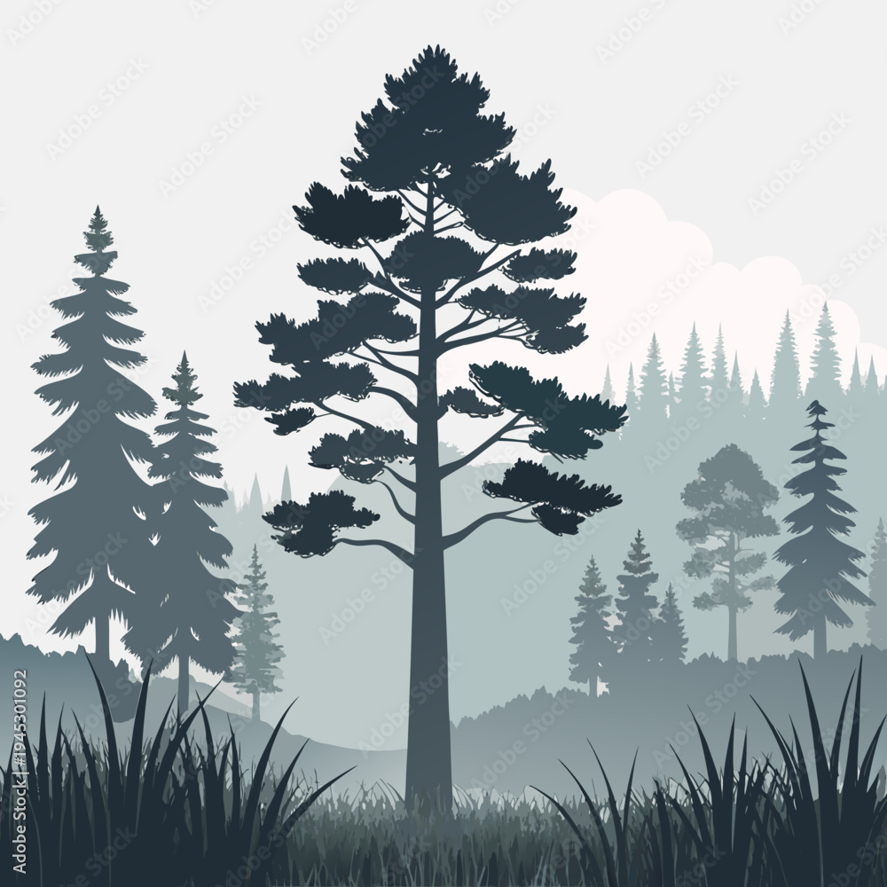 Obraz premium Scots Pine Silhouette with Misty Forest and Meadow Vector Illustration