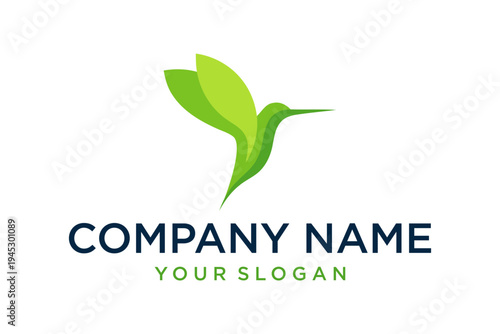 Abstract Green Hummingbird Logo Design with Leaf Elements