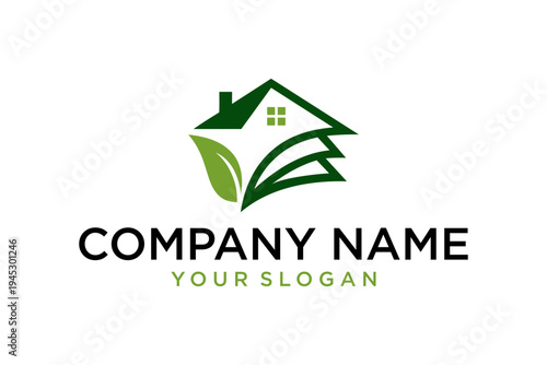 Eco House Logo Template with Green Leaves for Sustainable Real Estate