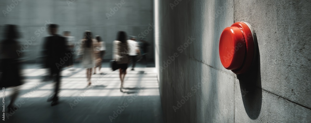© Supardi - Red emergency button on concrete wall, blurred figures in background