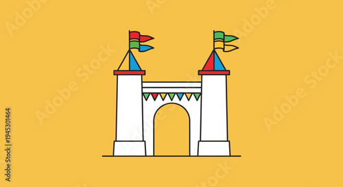 A colorful illustration of a castle with flags and banners in a sunny outdoor setting