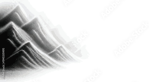 Black and white mountain range landscape with peaks and mist isolated on white background