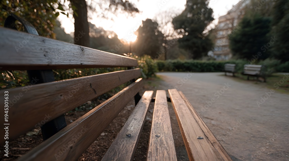 Fototapeta premium An empty wooden park bench in the soft warm light of the setting sun