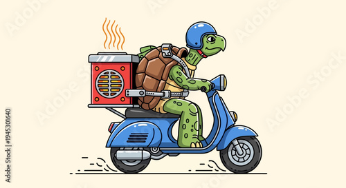 A turtle rides a blue scooter with a pizza box on its back through the city streets.