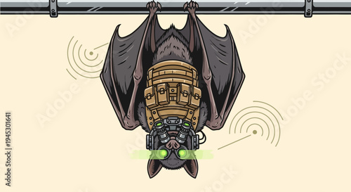 A bat hangs upside down from a metal rod wearing a robotic device.