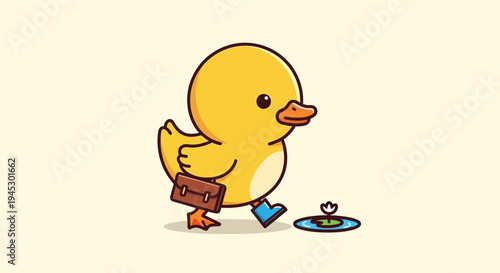 A cartoon duckling walks quickly across the grassy park carrying a briefcase.