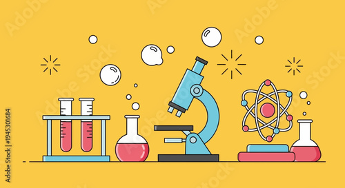 A colorful illustration of a microscope and science equipment on a table in a laboratory with books and an atom model nearby
