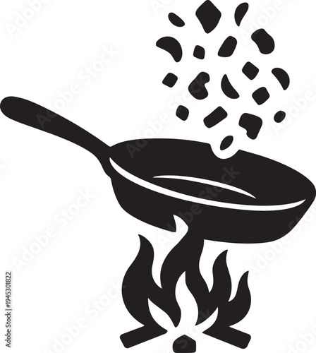 Frying pan on open fire tossing food representing cooking process graphic vector symbol isolated flat style